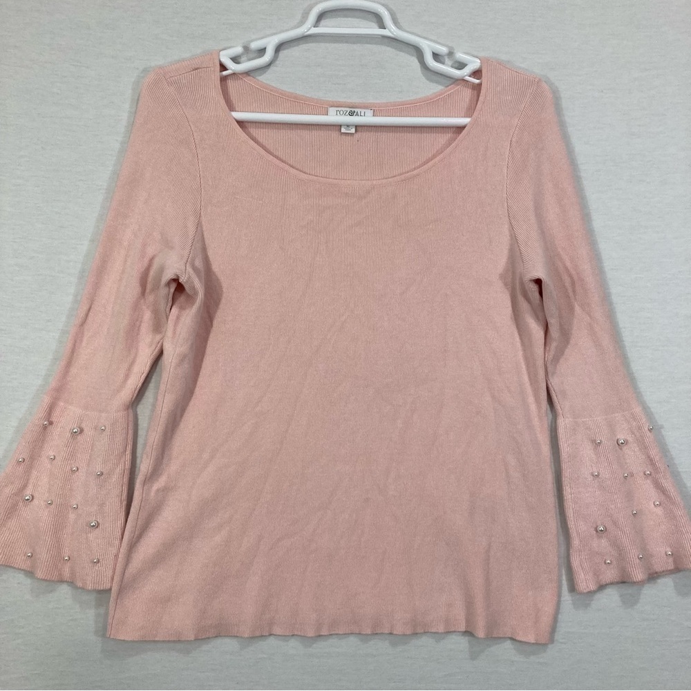 Roz & Ali Light Pink Pearl Embellished Soft Stretch Knit Top XL